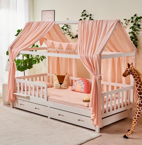 ALAVYA HOME® 3-TLG Hausbett Deko Set mit 2 Stück Betthimmel I 1 Stück Wimpelkette 300cm cm lang für Kinderbett Kinderzimmer I 100% Bio-Musselin Baumwolle I GOTS-Zertifiziert I 125 x 350 cm I Hellrosa von ALAVYA HOME