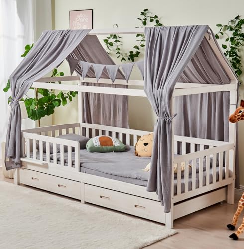 ALAVYA HOME® 3-TLG Hausbett Deko Set mit 2 Stück Betthimmel I 1 Stück Wimpelkette 300cm cm lang für Kinderbett Kinderzimmer I 100% Bio-Musselin Baumwolle I GOTS-Zertifiziert I 125 x 350 cm I Grau von ALAVYA HOME
