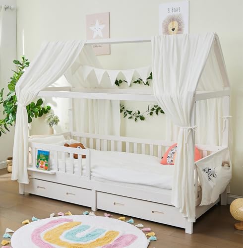 ALAVYA HOME® 3-TLG Hausbett Deko Set mit 2 Stück Betthimmel I 1 Stück Wimpelkette 300cm cm lang für Kinderbett Kinderzimmer I 100% Bio-Musselin Baumwolle I GOTS-Zertifiziert I 125 x 350 cm I Weiß von ALAVYA HOME