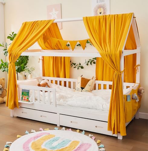 ALAVYA HOME® 3-TLG Hausbett Deko Set mit 2 Stück Betthimmel I 1 Stück Wimpelkette 300cm cm lang für Kinderbett Kinderzimmer I 100% Bio-Musselin Baumwolle I GOTS-Zertifiziert I 125 x 350 cm I Senfgelb von ALAVYA HOME
