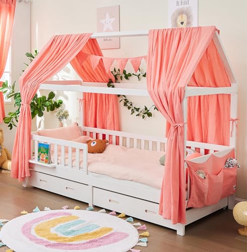 ALAVYA HOME® 3-TLG Hausbett Deko Set mit 2 Stück Betthimmel I 1 Stück Wimpelkette 300cm cm lang für Kinderbett Kinderzimmer I 100% Bio-Musselin Baumwolle I GOTS-Zertifiziert I 125 x 350 cm I Rosa von ALAVYA HOME