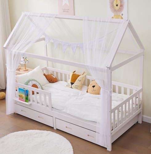 ALAVYA HOME® 3-TLG Hausbett Deko Set mit 2 Stück Betthimmel I 1 Stück Wimpelkette 300cm cm lang für Kinderbett Kinderzimmer I Wimpelkette 100% Bio-Baumwolle I 150 x 350 cm I Ohne Lichterkette I Weiß von ALAVYA HOME