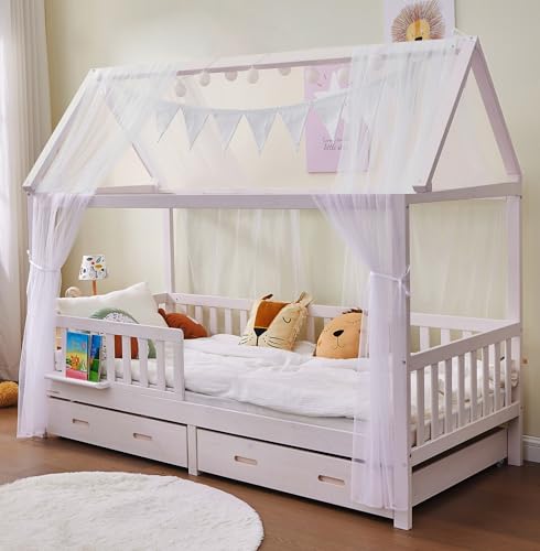 ALAVYA HOME® 4-TLG Hausbett Deko Set mit 2 Stück Betthimmel I 1 Stück Wimpelkette 300cm cm lang für Kinderbett Kinderzimmer I Wimpelkette 100% Bio-Baumwolle I 150 x 350 cm I mit Lichterkette I Weiß von ALAVYA HOME