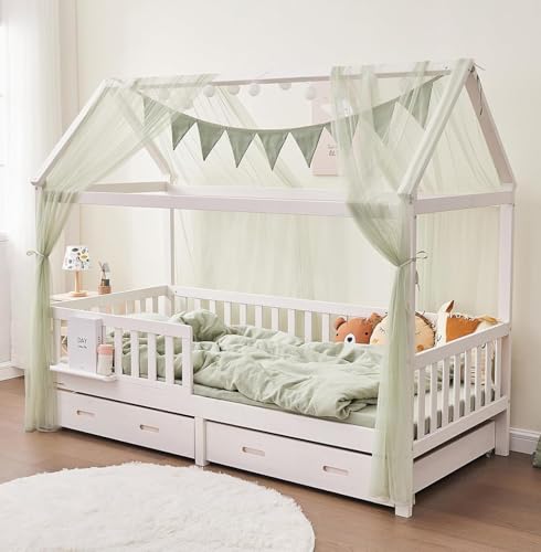 ALAVYA HOME® Hausbett 80x160 mit Schublade, Matratze und 4-TLG DEKO Set Khaki, inkl. Buchablage Rausfallschutz und Lattenrost | Massivholz der Buche FSC zertifizierter Kinderbett 80x160 - Weiß von ALAVYA HOME