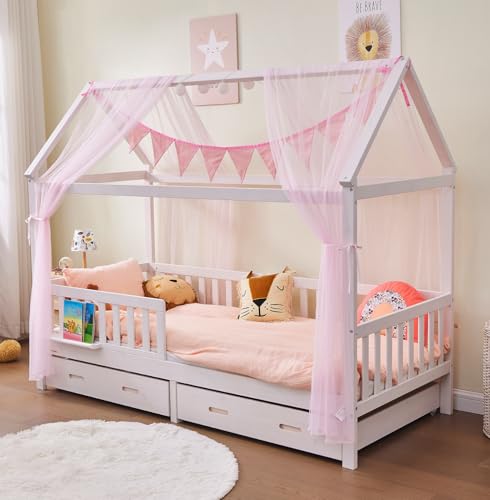 ALAVYA HOME® Hausbett 90x200 mit Schublade, Matratze und 4-TLG DEKO Set Rosa, inkl. Buchablage Rausfallschutz und Lattenrost | Massivholz der Buche FSC zertifizierter Kinderbett 90x200 - Weiß von ALAVYA HOME