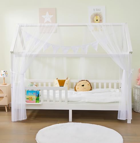 ALAVYA HOME® Hausbett 90x200 cm Cloud KOMPLETT Set mit Matratze + Weiß Deko ohne Schubladen, inklusive Buchablage Rausfallschutz und Lattenrost, Liegefläche Kinderbett 200x90 cm von ALAVYA HOME