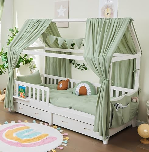 ALAVYA HOME® Hausbett 90x200 mit Schubladen, Rausfallschutz und Lattenrost | Kinderbett 90x200 für Mädchen und Jungen Massivholz der Buche FSC zertifizierter Montessori Kinder Bett Jugendbett - Weiß von ALAVYA HOME