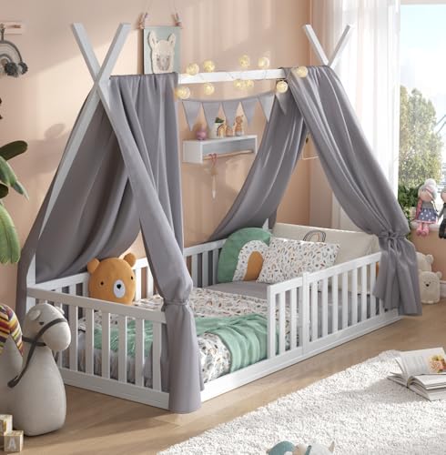 ALAVYA HOME® Kinderbett Hausbett Bodenbett Sky Set mit Deko und Matratze I FSC® zertifizierte inkl. Rausfallschutz & Lattenrost (Hausbett mit Deko Grau und Matratze, 90 x 200 cm) von ALAVYA HOME