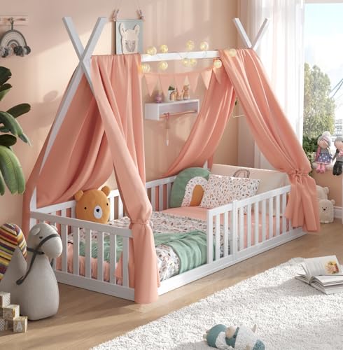 ALAVYA HOME® Kinderbett Hausbett Bodenbett Sky Set mit Deko und Matratze I FSC® zertifizierte inkl. Rausfallschutz & Lattenrost (Hausbett mit Deko Rosa und Matratze, 90 x 200 cm) von ALAVYA HOME
