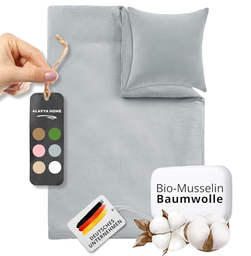 ALAVYA HOME® Kinderbettwäsche 100x135 2 teilig | ÖkoTex Zertifiziert & für Allergiker geeignet | Musselin Bettwäsche Kinder Set mit je 1 Bettbezügen 135 x 100 & 1 Kissenbezügen 40x60 | Grau von ALAVYA HOME