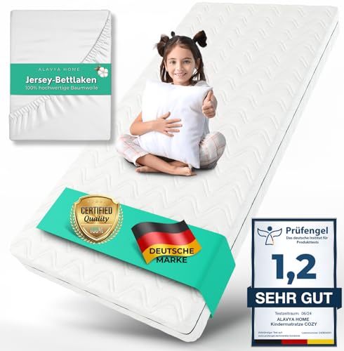 ALAVYA HOME® Kindermatratze 80x160 cm mit Spannbettlaken 10 cm hoch I CertiPUR zertifizierter Kaltschaum mit waschbarem Bezug I Hochwertige Matratze für Kinderbett Jugendmatratze 160x80 I Made in EU von ALAVYA HOME