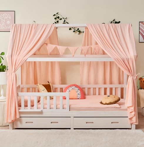 ALAVYA HOME Hausbett KOMPLETT Set I Kinderbett 80x160 cm mit Schubladen inkl. Deko und Matratze mit Rausfallschutz und Lattenrostt (Hellrosa - mit Matratze+Schubladen+Musselin DEKO, 80 x 160 cm) von ALAVYA HOME