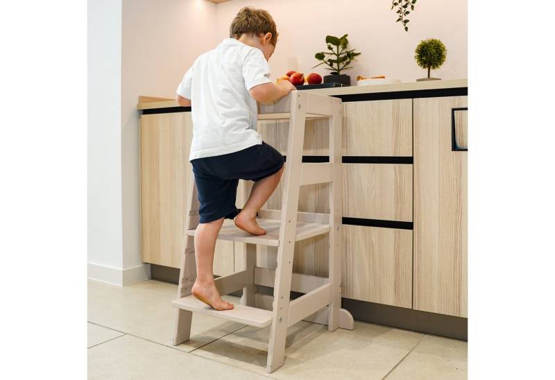 ALAVYA Home Kids Stehhilfe Lernturm Küchenhelfer aus FSC-100%-zertifiziertem (mit Anti Kipp Schutz ab 1. Jahr Buchenholz bis 70 kg belastbar), Learning Tower Tritthocker, Kippschutz aus Buchenholz Höhenverstellbar von ALAVYA Home Kids