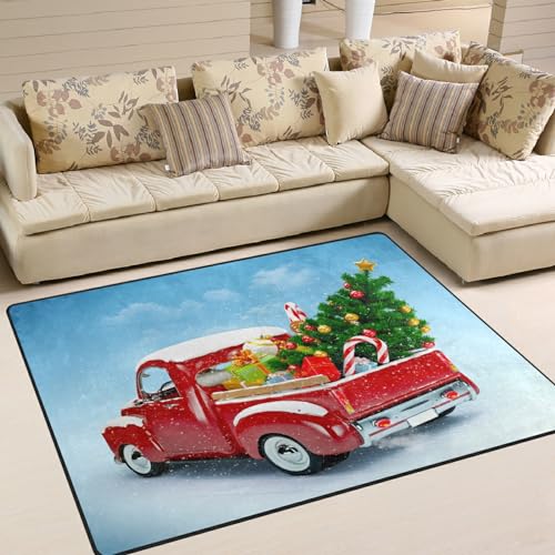 alaza Rutschfester Teppich mit Weihnachtsbaum, Rot, Auto, Schnee, 1,2 x 1,52 m, für Wohnzimmer, Esszimmer, Schlafzimmer, Küche, Flur, Büro, modernes Zuhause, dekorativ, (J61524812p147c162s244) von alaza