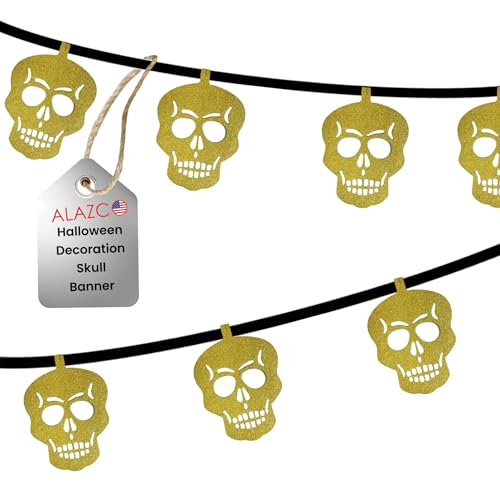 2 Halloween Schädel Girlande Banner Dekorationen Gruselig Gruselig Glitzernd Gold Schwarz Reversible Gothic Hexe Geburtstag Party Tag der Toten Dia de los Muertos je 12 Totenköpfe (je 1,5 m) von ALAZCO