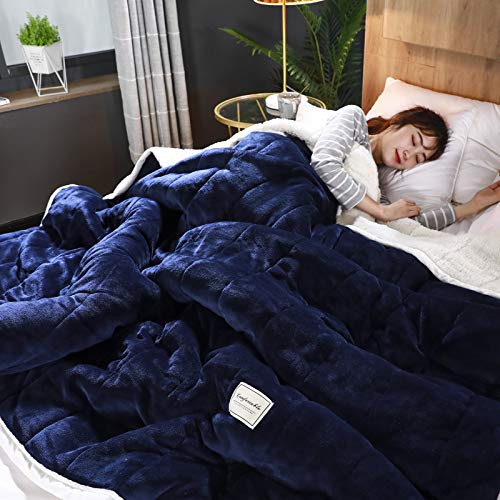 Luxus Flanell Sherpa-Rücken Dicke schwere Decke Warm für den Winter, 3-Lagen Soft Plüsch Fleece Decke Set für Bett und Coach (180x200cm,Navy Blue) von ALBAGO
