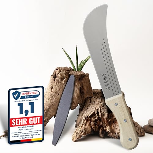 ALBAJ Machete - traditionelle scharfe Machete- nachhaltiges Gartenmesser 45cm- inklusive gratis Schleifstein – robuste große Handsense (Holzgriff) von ALBAJ