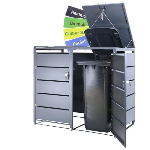 ALBATROS Mülltonnenbox 2er Tonne | bis 240 Liter | Anthrazitgrau RAL 7016 | verzinkter Stahl | Premium Dämpfer| Aufkleber-Set | wetterfest| verstellbare Füße| Türgriff mit Schloss | Gartenbox ALBATROS Mülltonnenbox 2er Tonne | bis 240 Liter | Anthrazitgrau RAL 7016 | verzinkter Stahl | Premium Dämpfer| Aufkleber-Set | wetterfest| verstellbare Füße| Türgriff mit Schloss | Gartenbox von ALBATROS