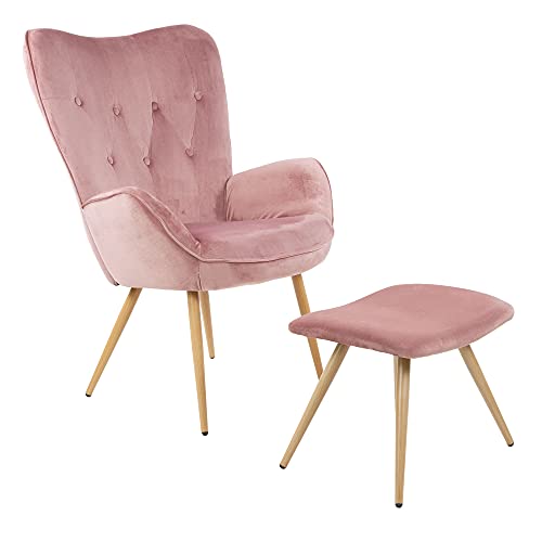 ALBATROS Ohrensessel mit Hocker York Rosa - Vintage u Stilvoll, Samt-Bezug - Eleganter und SGS geprüfter Lesesessel oder Relaxsessel mit Hocker im Modernen Look von ALBATROS