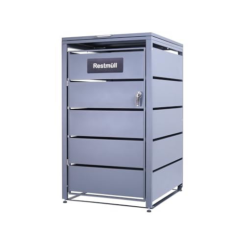 Albatros Mülltonnenbox 1er Tonne | bis 240 Liter | Anthrazitgrau RAL 7016 | verzinkter Stahl | Premium Dämpfer| Aufkleber-Set | wetterfest| verstellbare Füße| Türgriff mit Schloss | Gartenbox von ALBATROS