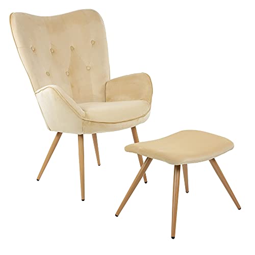 ALBATROS Ohrensessel mit Hocker York Beige - Vintage u Stilvoll, Samt-Bezug - Eleganter und SGS geprüfter Lesesessel oder Relaxsessel mit Hocker im Modernen Look von ALBATROS