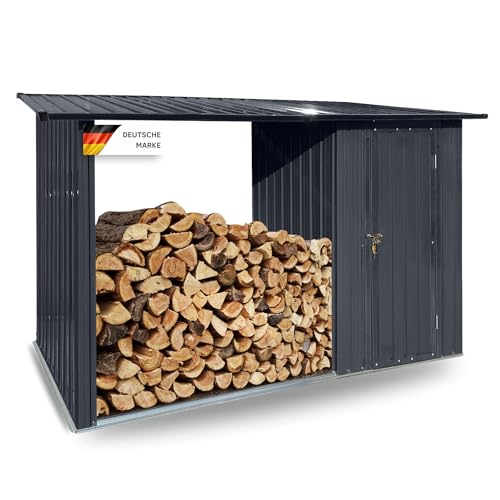 Albatros Profi Gerätehaus M –Geräteschuppen mit Holzunterstand für 2,3m³ Holz, verzinktes Metall in Anthrazit (RAL 7016) | 266x127x161cm | wetterfester Gerätelager Gartenschrank von ALBATROS