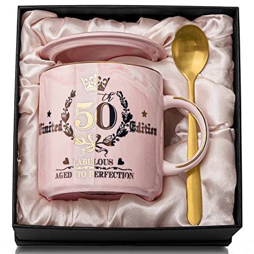 Geschenke zum 50 Geburtstag Frau, Fabelhafter 50. Limited Edition – 400ml Marmor Kaffeetasse mit Golddruck, Geschenk für ihre, Mutter, Ehefrau, Tante, Beste Freundin, Schwester, Schöne Geschenkbox von ALBISS