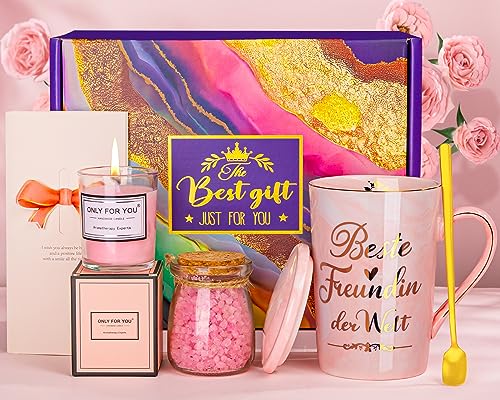 Geschenke für Frauen Freundin, Lustige Freundinnen Geburtstag Geschenkset, 400ml Marmor Keramik Kaffeetasse, Duftkerze, Badesalz, Entspannendes Spa-Badeset, Freundschaft Geburtstagsgeschenk für Frau von ALBISS