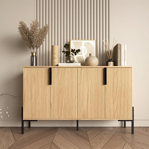 Sideboard mit 4 Türen, Buffetschrank mit verstellbaren Regalen, moderner Akzentschrank mit goldenen Beinen, breiter Aufbewahrungsschrank für Küche, Wohnzimmer, Natur von ALBSL