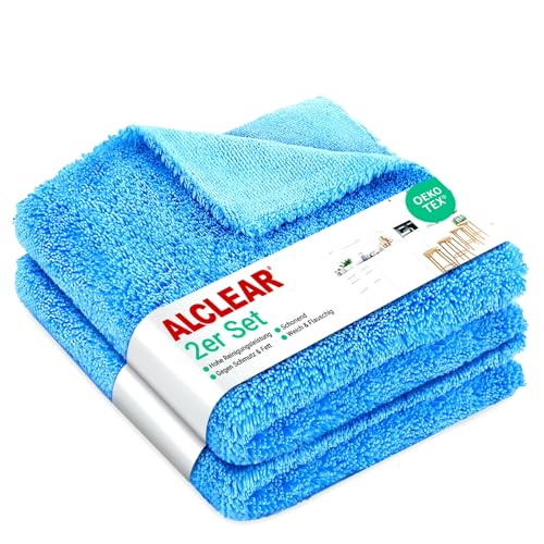 ALCLEAR 820203K_2 Mikrofasertücher 2er Set 40x40 cm – für Hochglanzküche, Möbelfronten, Lack, Kunststoff, Glas, fusselfrei, streifenfrei, ultraschallgeschnitten, nebelfeucht nutzbar, waschbar 60° C von ALCLEAR