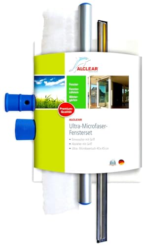 ALCLEAR 960008 Profi Fensterset mit Mikrofaser Fensterreiniger und Fenster Kombi Abzieher 35 cm, Microfaser Reiniger Fenstertuch, 3-teiliges Scheiben & Fensterwischer Set von ALCLEAR