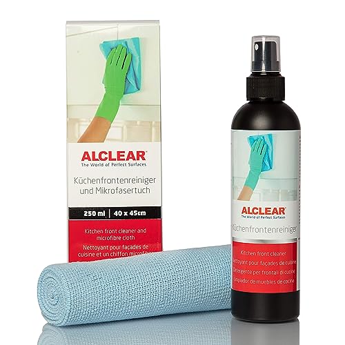 ALCLEAR 721KR Küchenfrontenreiniger 250ml mit Profi Mikrofasertuch, reinigt Hochglanz lackierte Küchen streifenfrei, gegen Schmutz, Fingerabdrücke & Fett, Schwarz/Blau, 1 Stück (1er Pack) von ALCLEAR