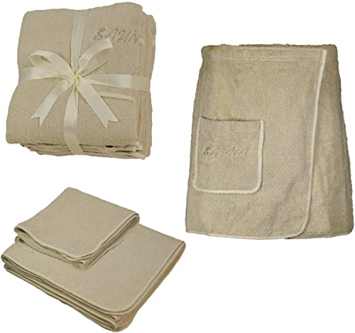 EXKLUSIV HEIMTEXTIL Sauna Set 3-Teilig Frottee Saunakilt Saunatuch Sarong Herren beige von EXKLUSIV HEIMTEXTIL