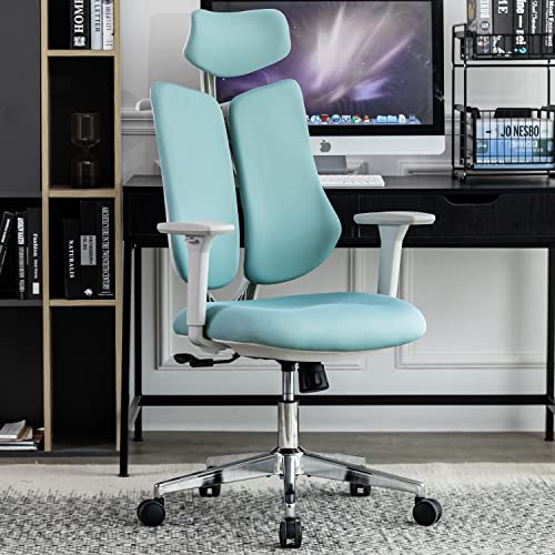 ALEAVIC Bürostuhl Ergonomisch Mit Kleiderbügel, Doppelter Rückenlehne, Mesh Office Chair mit Verstellbarer Kopfstütze, 4D Verstellbare Armlehne und Lendenwirbelstütze (Blau) von ALEAVIC