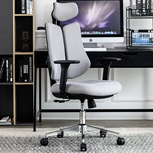 ALEAVIC Bürostuhl Ergonomisch Mit Kleiderbügel, Doppelter Rückenlehne, Mesh Office Chair mit Verstellbarer Kopfstütze, 4D Verstellbare Armlehne und Lendenwirbelstütze (Grau) von ALEAVIC