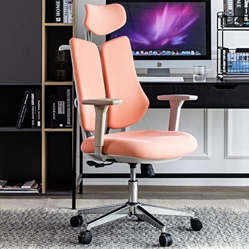ALEAVIC Bürostuhl Ergonomisch Mit Kleiderbügel, Doppelter Rückenlehne, Mesh Office Chair mit Verstellbarer Kopfstütze, 4D Verstellbare Armlehne und Lendenwirbelstütze (Rosa) von ALEAVIC
