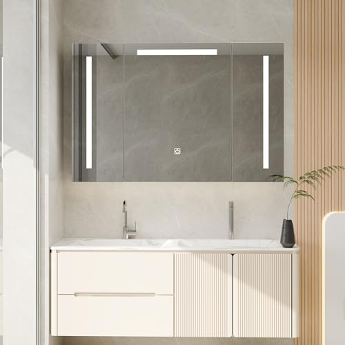 ALEAVIC Spiegelschrank Bad mit Beleuchtung 90x60cm Breit mit Razors Steckdose und 2 USB Buchsen, Badezimmer Schrank 16cm Tief - Smart Mirror mit 3 Einstellbare Lichtfarben (90x60x16cm) von ALEAVIC