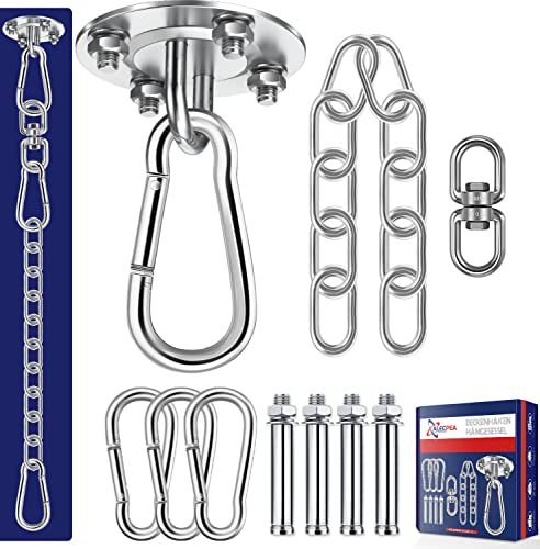 ALECPEA Deckenhaken - Edelstahl Hängesessel Aufhängung bis 400kg - 360° drehbare Deckenhalterung - Komplett-Set inkl. 30cm Verlängerungskette, 3 Karabiner für Hängesessel von ALECPEA