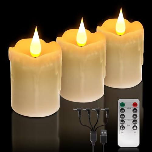 3 PCS Echtes Wachs Wiederaufladbare Flameless Warm White LED Kerzen, 3D Dochte und Fernbedienung, Helligkeit einstellbar Flackern USB-kabel Teelichter mit Timer, für Weihnachten, Hochzeit, Home Decor von ALED LIGHT