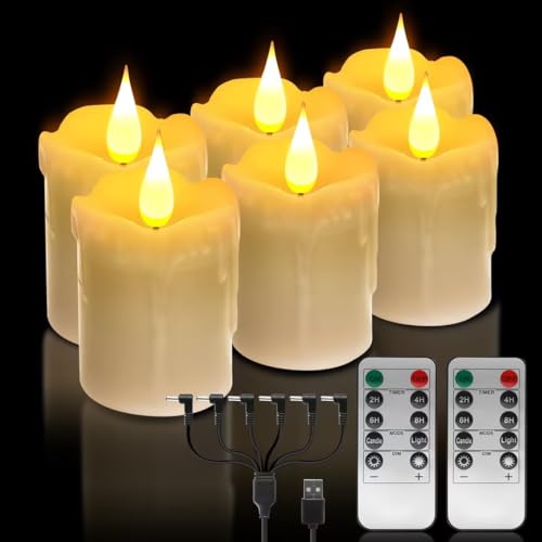 6PCS Echtes Wachs Wiederaufladbare Flameless Warm White LED Kerzen, 3D Dochte und Fernbedienung, Helligkeit einstellbar Flackern USB-kabel Teelichter mit Timer, für Weihnachten, Hochzeit, Home Decor von ALED LIGHT