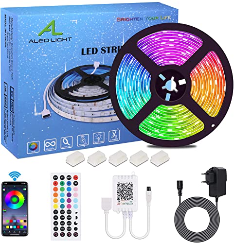 ALED LIGHT 5M LED Strip RGB SMD 5050 Bluetooth Streifen, Band, 12V Netzteil & 44 Key Fernbedienung, Smart App Steuerung Stripes Lichtband Leiste Beleuchtung von ALED LIGHT