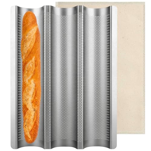 ALEEIK Baguette Backform Baguetteblech Baguette Backblech für 3 Baguettes Backformen Baguetteform Brotbackform Brot Backen Zubehör 38.5 X 28.5 CM von ALEEIK