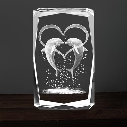 3D Kristall Gravur Ornamente Tier Figur Laser Graviert Glas Andenken Sammlerstück Tier-Kristallglas-Würfel Geschenke für Freund & Freundin zum Jahrestag, Valentinstag, Weihnachten (2 Delphine) von ALEENFOON