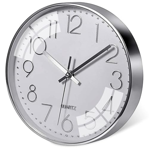 ALEENFOON 12 Zoll 30cm Rund Modern Leise Wanduhren für Wohnzimmer Küche Ohne Tickgeräusche Innenuhr Nicht Tickende Wanduhren Hängende Uhr Kinderuhr für Kinderzimmer Büro Cafe (Silber) von ALEENFOON