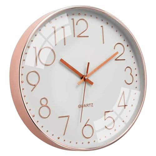 ALEENFOON 12 Zoll 30cm Rund Modern Leise Wanduhren für Wohnzimmer Küche Ohne Tickgeräusche Innenuhr Nicht Tickende Wanduhren Hängende Uhr Kinderuhr für Kinderzimmer Büro Cafe (Weiß-Roségold) von ALEENFOON