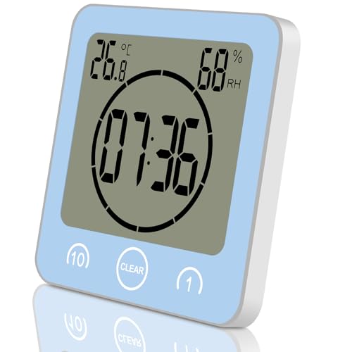 ALEENFOON Digital Badezimmeruhr Duschuhr Wasserdicht mit Saugnapf Thermometer zum Hinstellen Wand Dusche Countdown Timer Digitalwecker Batteriebetrieben Thermometer Hygrometer Innen (Blau) von ALEENFOON