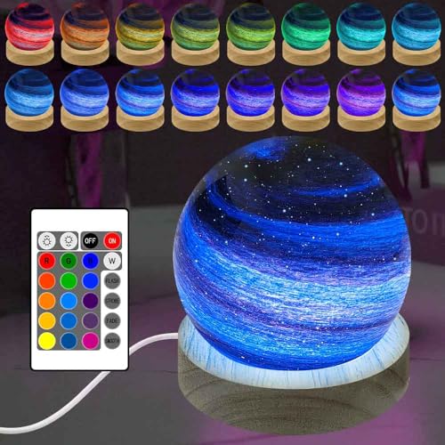 ALEENFOON Glaskugel 3D Planetenlampen Tischlampe, LED Planet Lampe Dekoratives Licht Dimmbar Farbwechsel Nachtlicht Stimmungslicht 16 Farben mit Fernbedienung USB-betrieben, 8 cm (Sternenhimmel-Blau) von ALEENFOON