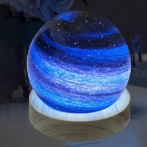 ALEENFOON Glaskugel 3D Planetenlampen Tischlampe, LED Planet Lampe Dekoratives Licht Dimmbar Farbwechsel Nachtlicht Stimmungslicht 16 Farben mit Fernbedienung USB-betrieben, 8 cm (Sternenhimmel-Blau) von ALEENFOON