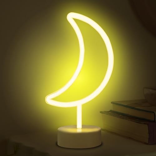 ALEENFOON Licht Zeichen LED Neonlicht Raumdekor Nachtlichter Batteriebetriebene und USB-betriebene Innenbeleuchtung Nacht- und Tischlampen für Schlafzimmer Weihnachtsfeier Bar (Warmweißer Mond) von ALEENFOON