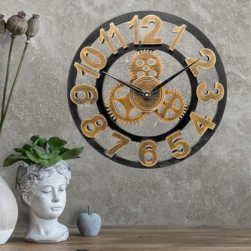 ALEENFOON Uhr Leise Wanduhren, 3D Gear Vintage Industrial Silent Nicht tickend Arabische Ziffern hängende Uhr für Wohnzimmer Küche Ohne Tickgeräusche Innenuhr (50CM, Arabic Numerals) von ALEENFOON